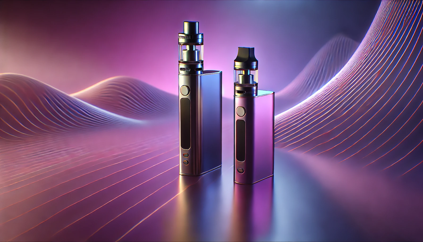 DALL·E 2024-09-12 04.34.07 - A landscape image featuring two vape products placed diagonally on a smooth surface. The vapes are sleek and modern, with shiny metallic finishes. The