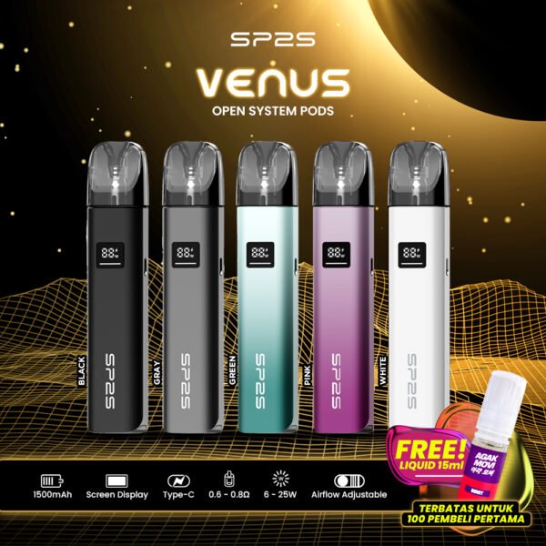 SP2S VENUS POD KIT 30W 1500mAh - Screen Display, Bigger Capacity 2.5ml, Airflow Adjustable, Type C Fast Charging, Black/Gray/Green/Pink/White, Gratis Liquid 15ml